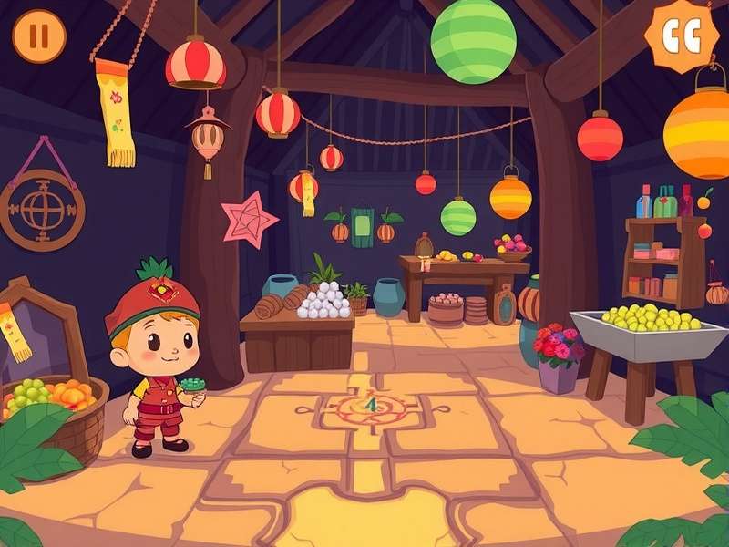 Ginger Explorer gameplay showing Ginger solving a puzzle in a village market